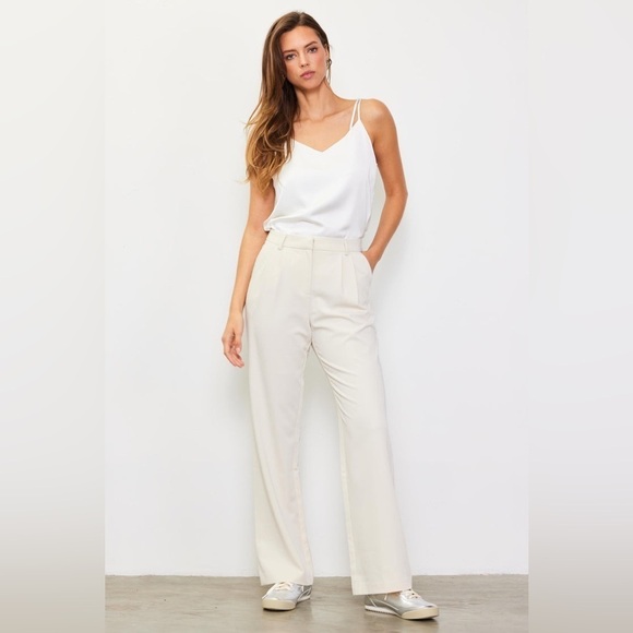Skies Are Blue Pleated Front High Rise Wide Leg Cream Neutral Trousers - Picture 7 of 16